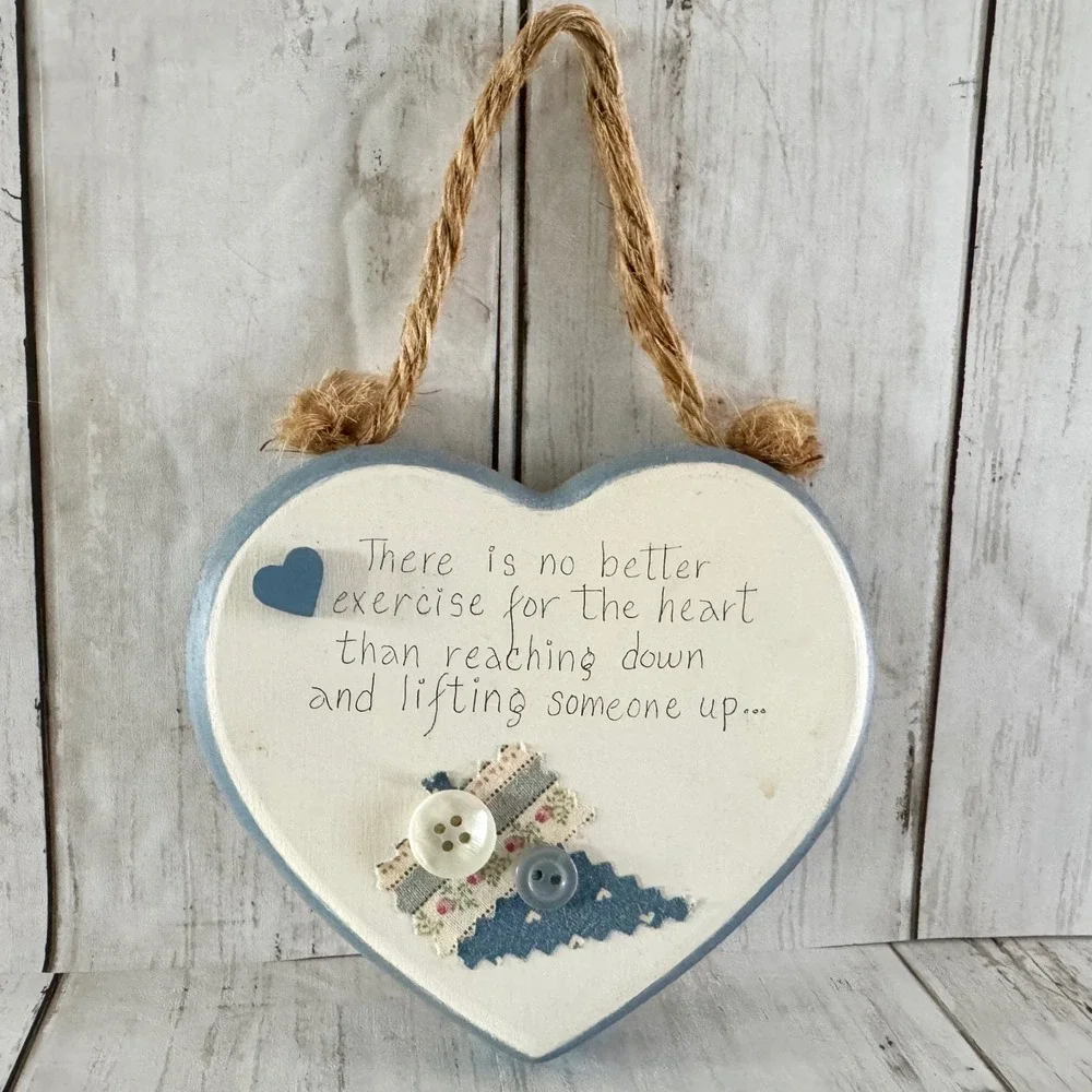 Rustic Wooden Heart Wall Plaque Inspirational Quote Blue White Cottagecore Sign